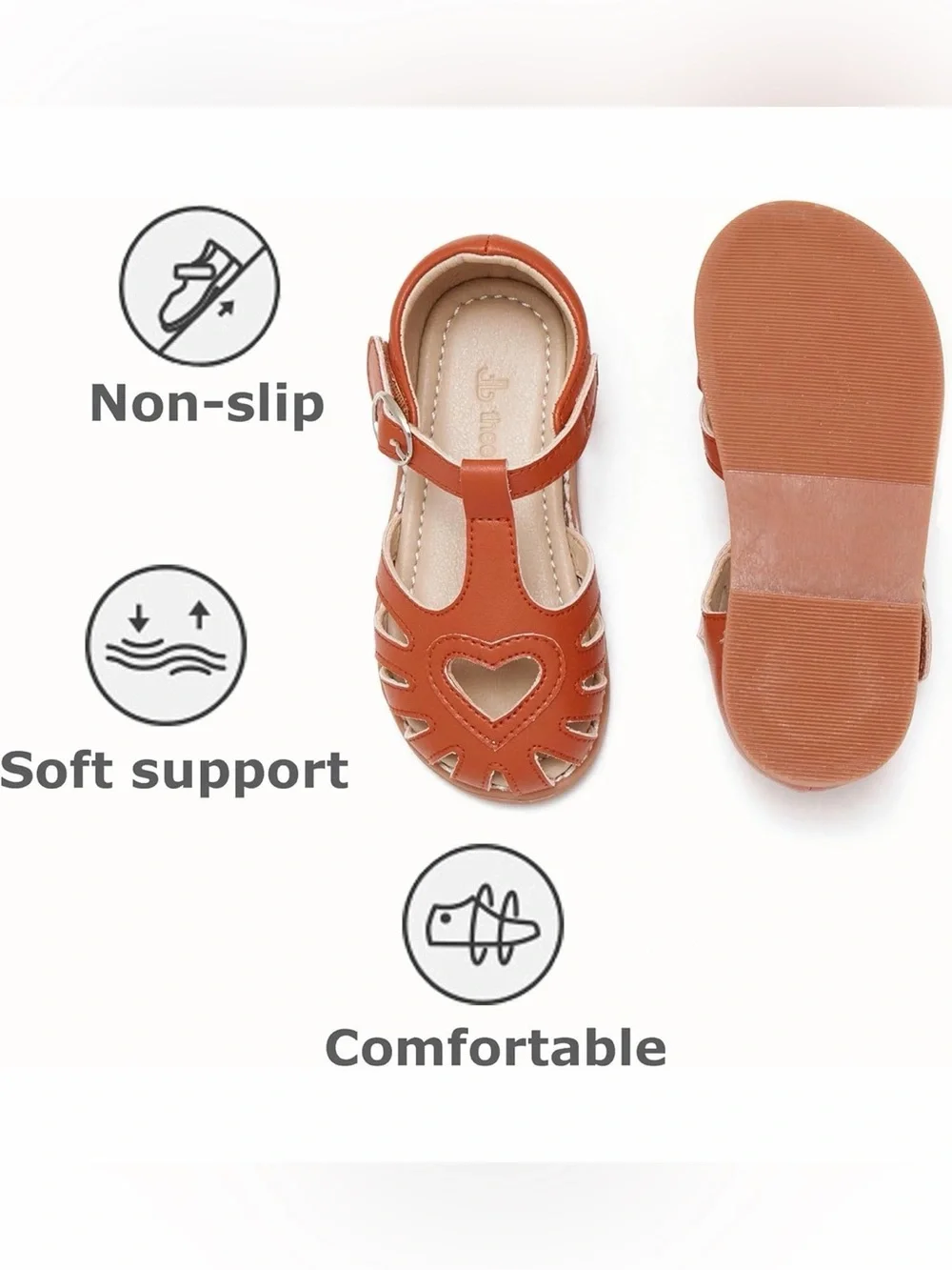 Girls Chestnut Heart Cutout Sandals with Secure Ankle Strap
